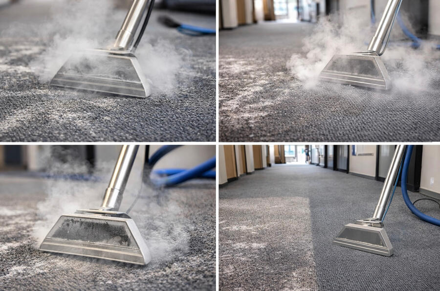 Before & after results from professional carpet steam cleaning, targeting deep soil, salt buildup, and high-traffic areas.