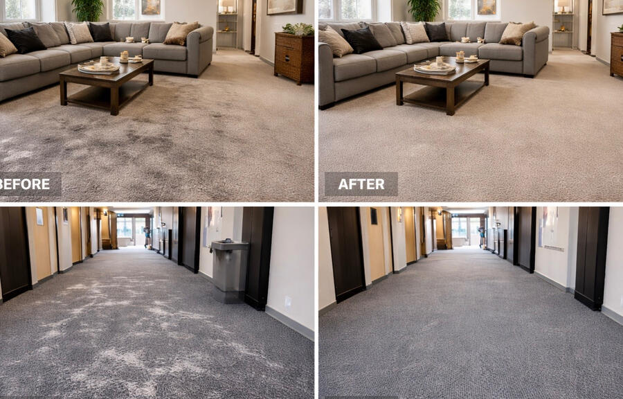 Before & after results from professional carpet steam cleaning, targeting deep soil, salt buildup, and high-traffic areas.